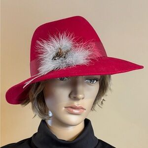 VTG Geo. W. Bollman Red Doeskin Felt Wool Fedora Hat w/ Feathers